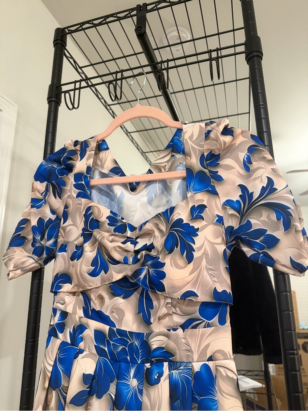 Floral A-Line Midi Dress in Blue and Cream - Picture 5 of 6